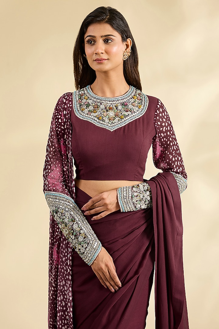 Wine Georgette Wedding Saree Set by Bhumika Sharma at Pernia's Pop Up Shop