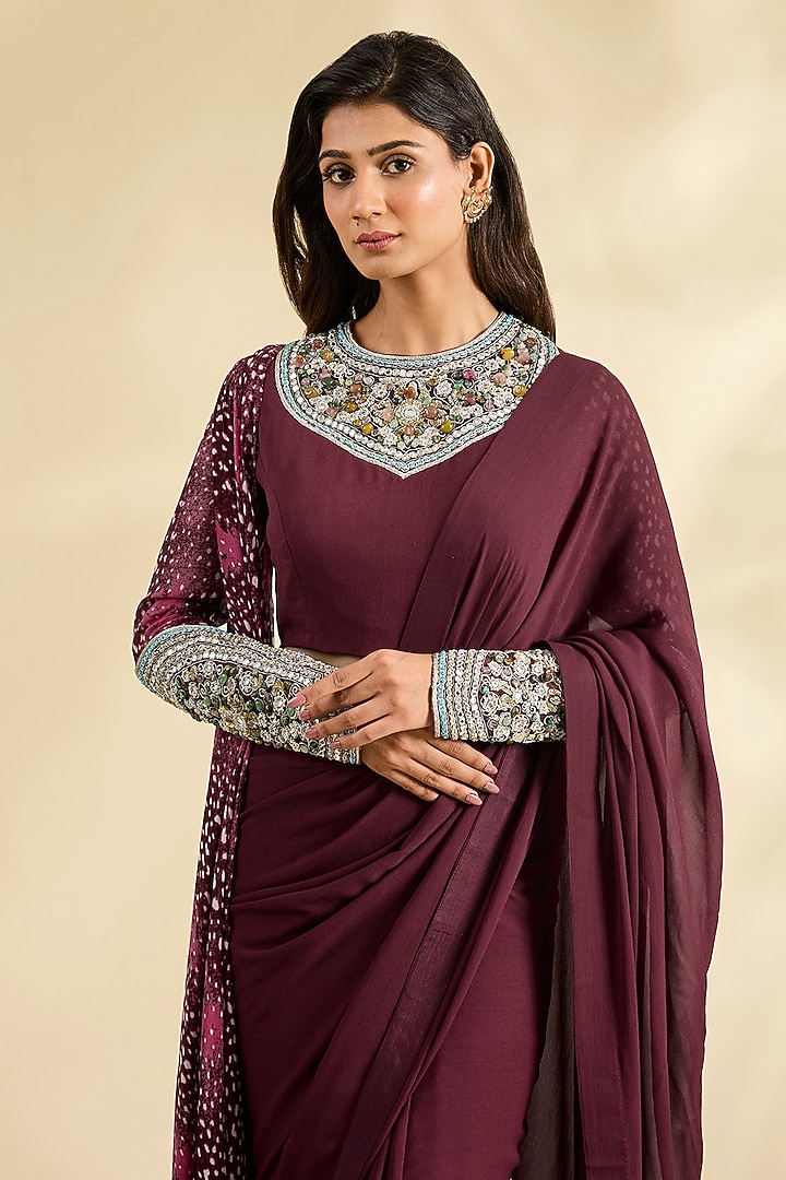 Wine Georgette Wedding Saree Set by Bhumika Sharma at Pernia's Pop Up Shop