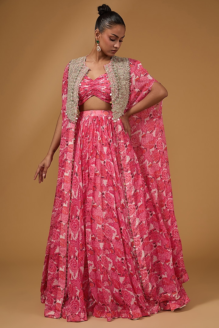 Pink Twill Organza & Georgette Floral Printed Jacket Lehenga Set by Bhumika Sharma