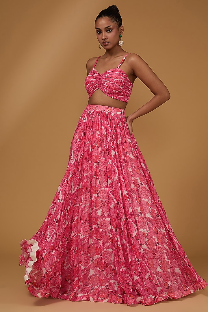 Pink Twill Organza & Georgette Floral Printed Jacket Wedding Lehenga Set by Bhumika Sharma at Pernia's Pop Up Shop