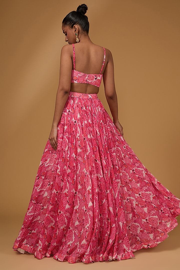 Pink Twill Organza & Georgette Floral Printed Jacket Wedding Lehenga Set by Bhumika Sharma at Pernia's Pop Up Shop