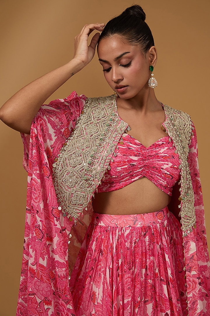Pink Twill Organza & Georgette Floral Printed Jacket Wedding Lehenga Set by Bhumika Sharma at Pernia's Pop Up Shop