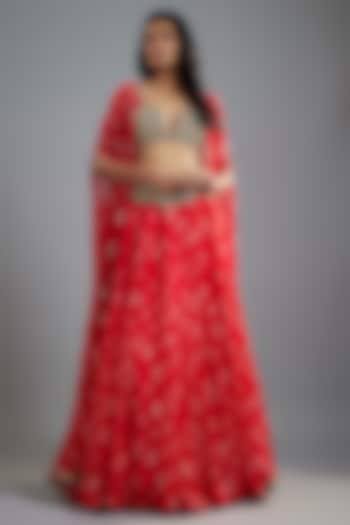 Red Twill Organza & Georgette Cape Set by Bhumika Sharma