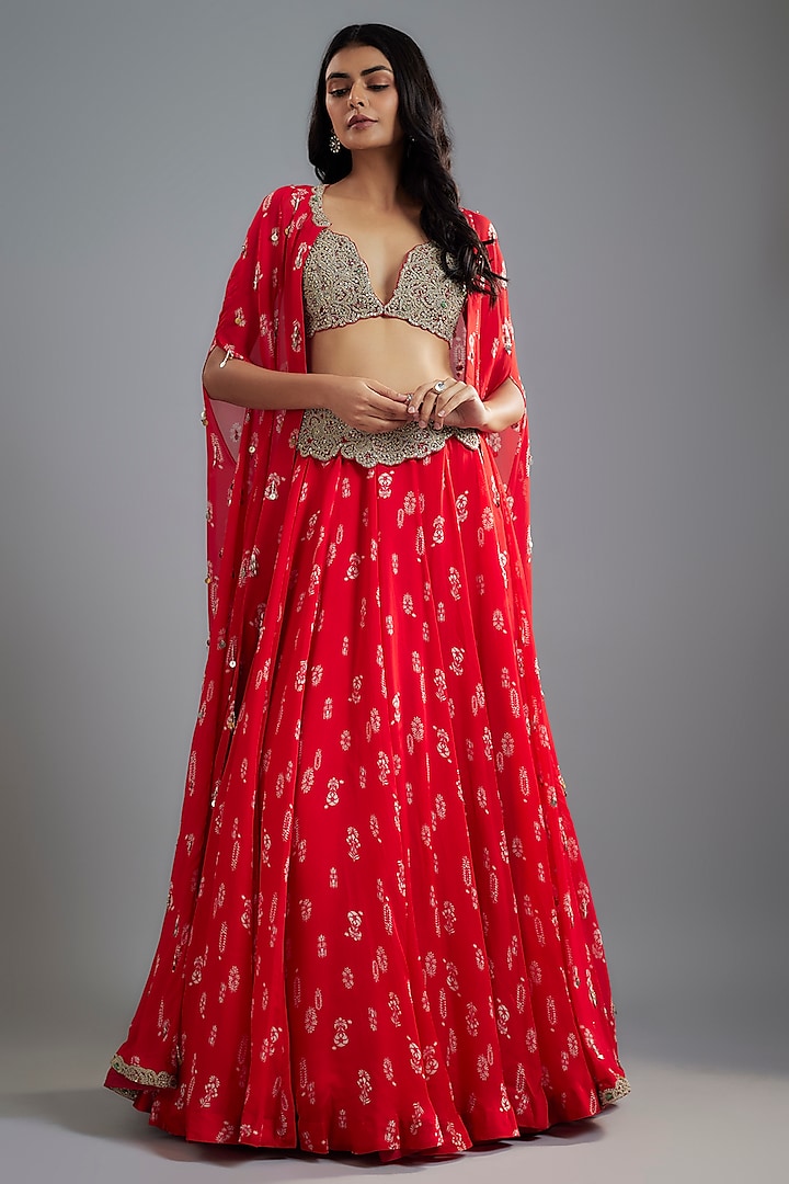 Red Twill Organza & Georgette Cape Set by Bhumika Sharma