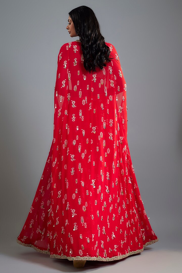 Red Twill Organza & Georgette Cape Set by Bhumika Sharma at Pernia's Pop Up Shop