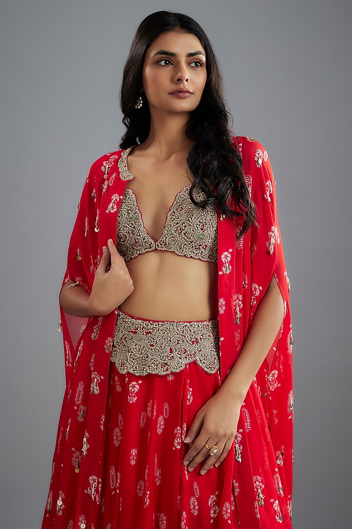 Red Twill Organza & Georgette Cape Set by Bhumika Sharma at Pernia's Pop Up Shop