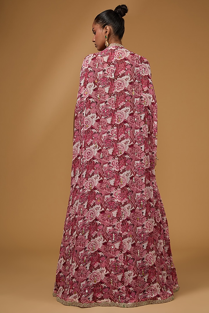 Wine Twill Organza & Georgette Floral Printed Cape Wedding Lehenga Set by Bhumika Sharma at Pernia's Pop Up Shop