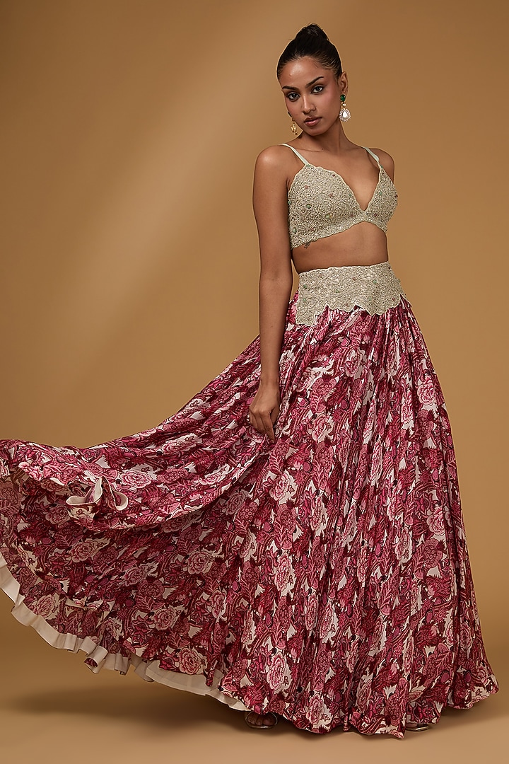 Wine Twill Organza & Georgette Floral Printed Cape Wedding Lehenga Set by Bhumika Sharma at Pernia's Pop Up Shop
