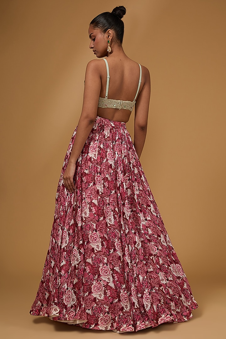 Wine Twill Organza & Georgette Floral Printed Cape Wedding Lehenga Set by Bhumika Sharma at Pernia's Pop Up Shop