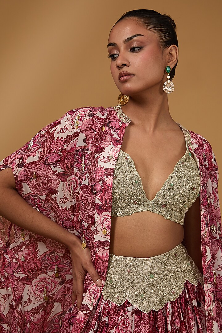 Wine Twill Organza & Georgette Floral Printed Cape Wedding Lehenga Set by Bhumika Sharma at Pernia's Pop Up Shop