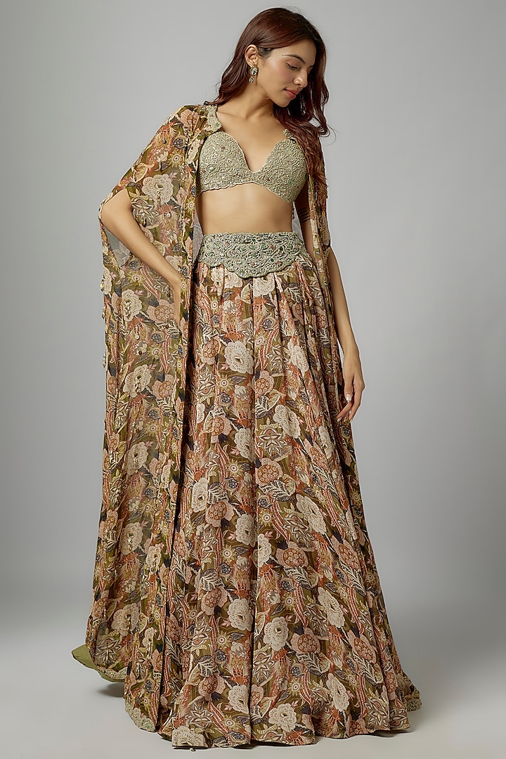 Beige Georgette Floral Printed Skirt Set by Bhumika Sharma