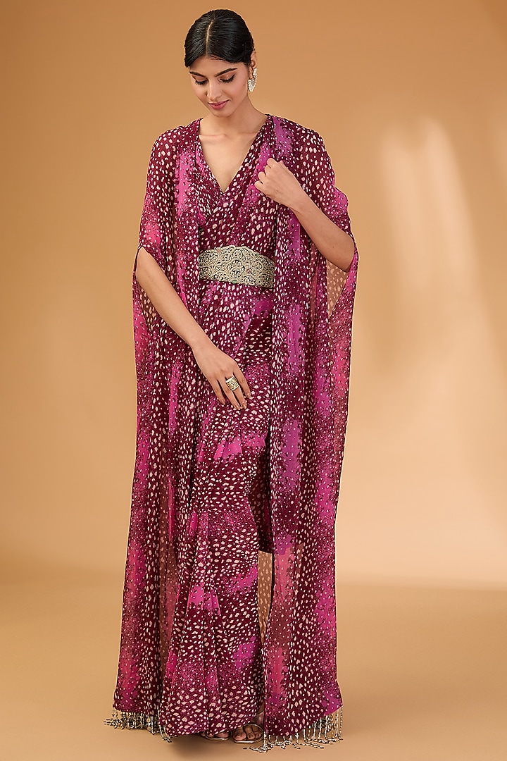 Wine Georgette Printed Jacket Saree Set by Bhumika Sharma at Pernia's Pop Up Shop