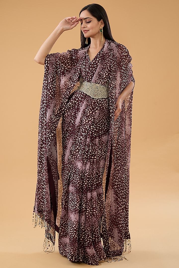 Brown Georgette Rosette Printed Draped Saree Set by Bhumika Sharma