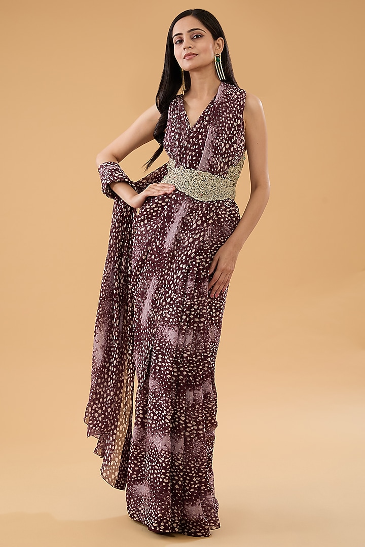 Brown Georgette Rosette Printed Draped Wedding Saree Set by Bhumika Sharma at Pernia's Pop Up Shop