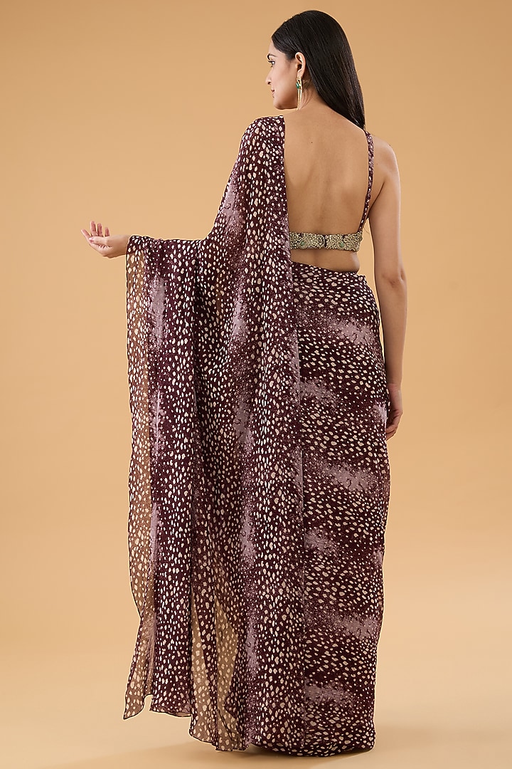 Brown Georgette Rosette Printed Draped Wedding Saree Set by Bhumika Sharma at Pernia's Pop Up Shop