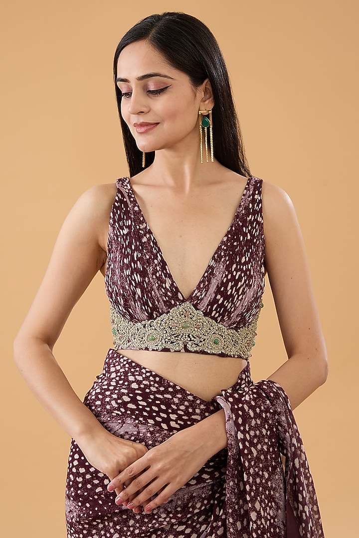 Brown Georgette Rosette Printed Draped Wedding Saree Set by Bhumika Sharma at Pernia's Pop Up Shop