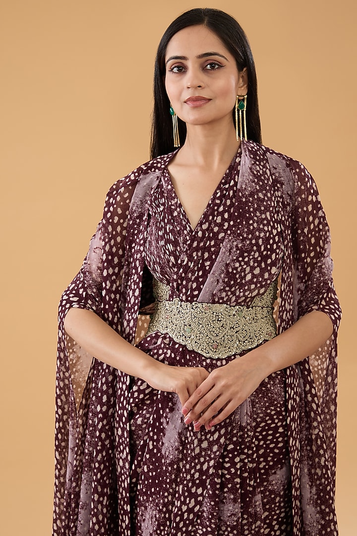 Brown Georgette Rosette Printed Draped Wedding Saree Set by Bhumika Sharma at Pernia's Pop Up Shop