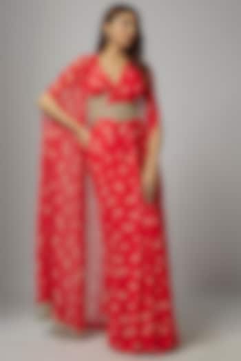 Red Georgette Printed Draped Saree Set by Bhumika Sharma