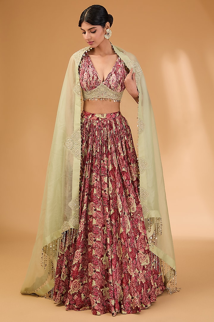 Mint Organza & Georgette Printed Lehenga Set by Bhumika Sharma