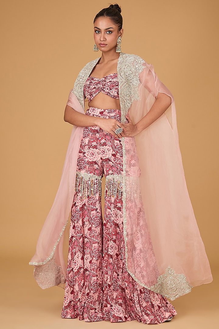 Blush Pink Georgette & Organza Embroidered Cape Set by Bhumika Sharma