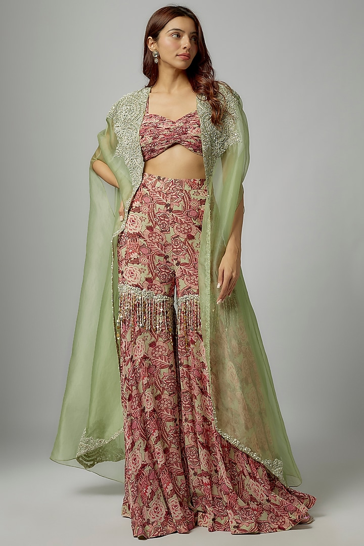 Multi-Colored Georgette Abstract Floral Printed Gharara Set by Bhumika Sharma