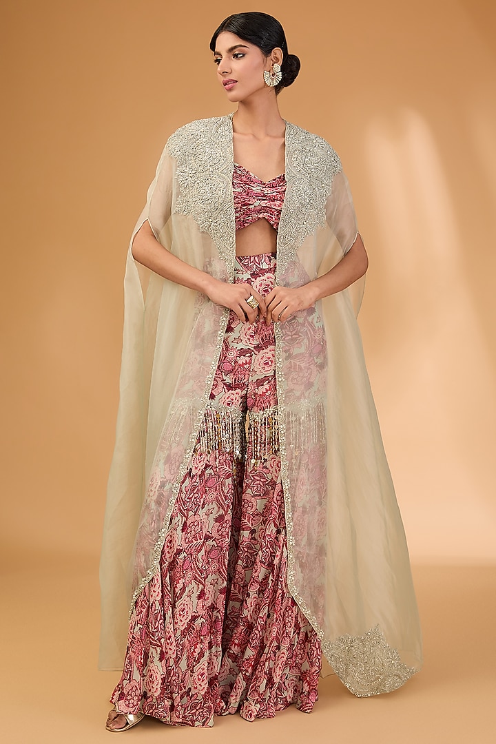 Aubergine Georgette & Organza Printed Gharara Set by Bhumika Sharma at Pernia's Pop Up Shop