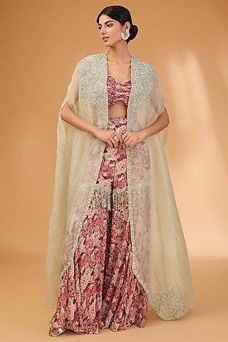 Aubergine Georgette & Organza Printed Gharara Set by Bhumika Sharma