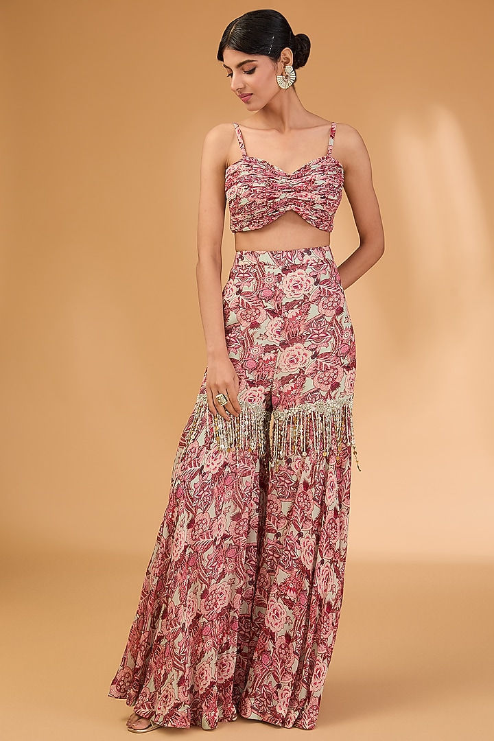 Aubergine Georgette & Organza Printed Gharara Set by Bhumika Sharma at Pernia's Pop Up Shop