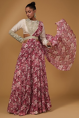 Wine Georgette Abstract Printed Palazzo Pant Saree Set by Bhumika Sharma