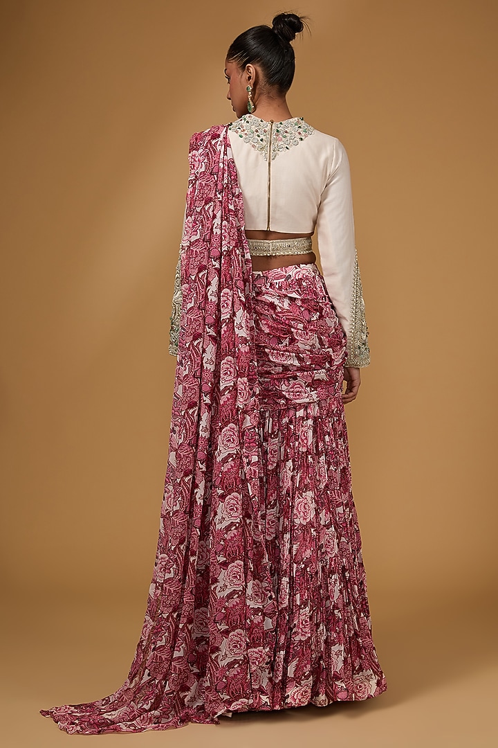 Wine Georgette Abstract Printed Palazzo Pant Reception Saree Set by Bhumika Sharma at Pernia's Pop Up Shop