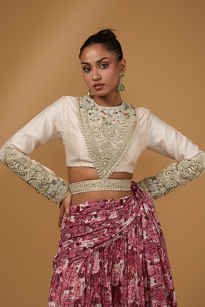 Wine Georgette Abstract Printed Palazzo Pant Reception Saree Set by Bhumika Sharma at Pernia's Pop Up Shop