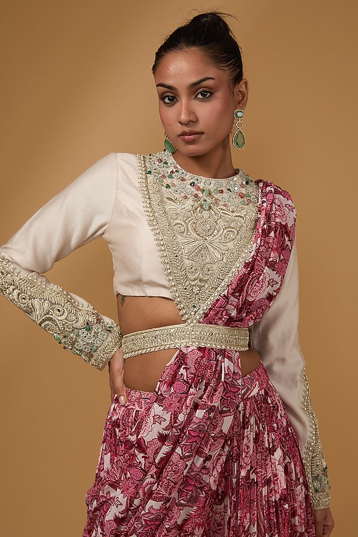 Wine Georgette Abstract Printed Palazzo Pant Reception Saree Set by Bhumika Sharma at Pernia's Pop Up Shop
