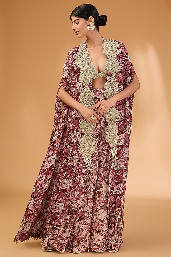 Aubergine Georgette & Organza Printed Cape Set by Bhumika Sharma