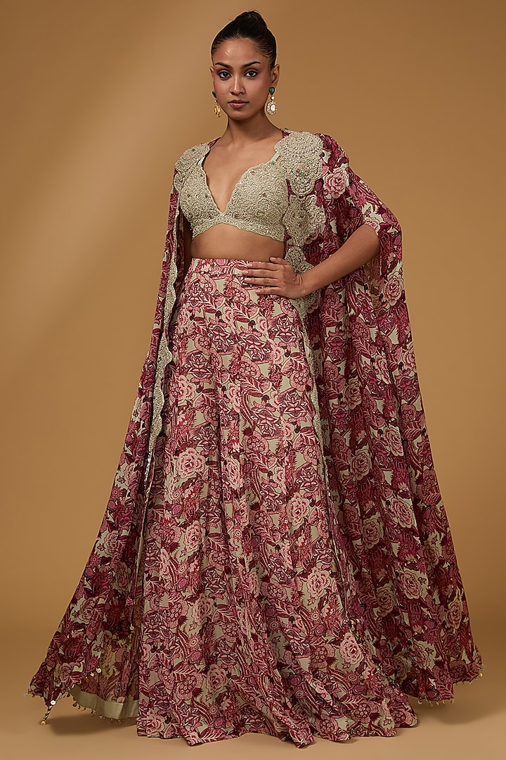 Multi-Colored Georgette Abstract Floral Printed Cape Set by Bhumika Sharma