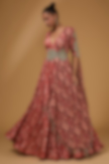 Pink Twill Organza Abstract Floral Printed Anarkali With Belt by Bhumika Sharma