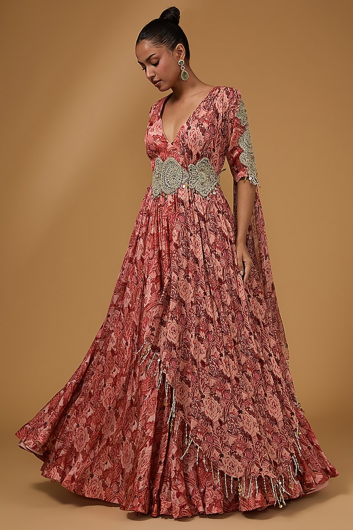 Pink Twill Organza Abstract Floral Printed Anarkali With Belt by Bhumika Sharma