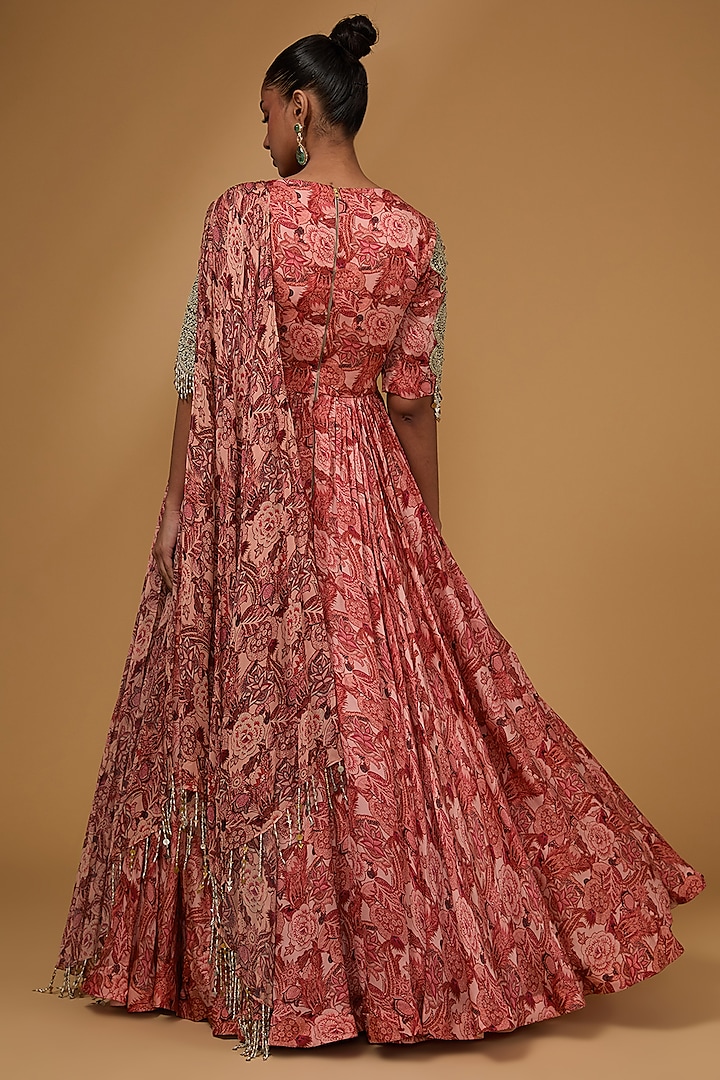 Pink Twill Organza Abstract Floral Printed Bridal Anarkali With Belt by Bhumika Sharma at Pernia's Pop Up Shop