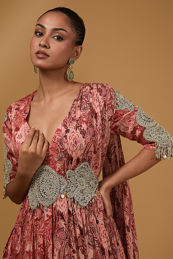 Pink Twill Organza Abstract Floral Printed Bridal Anarkali With Belt by Bhumika Sharma at Pernia's Pop Up Shop