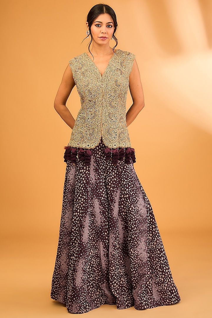 Brown Georgette Printed Kalidar Sharara Set by Bhumika Sharma