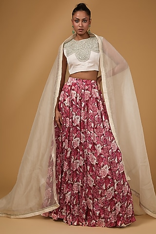 Wine Linen Satin & Georgette Floral Lehenga Set by Bhumika Sharma