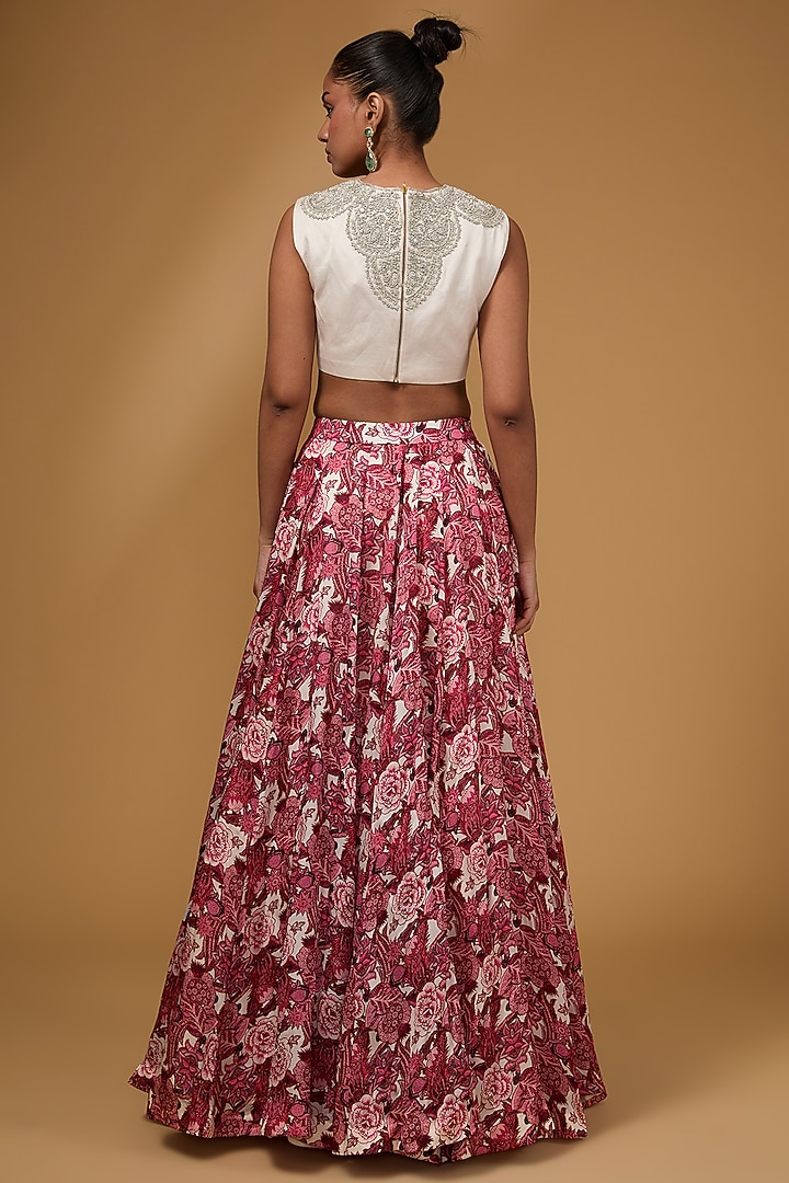Wine Linen Satin & Georgette Floral Wedding Lehenga Set by Bhumika Sharma at Pernia's Pop Up Shop