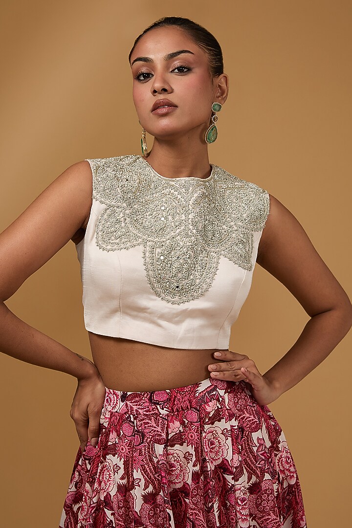 Wine Linen Satin & Georgette Floral Wedding Lehenga Set by Bhumika Sharma at Pernia's Pop Up Shop