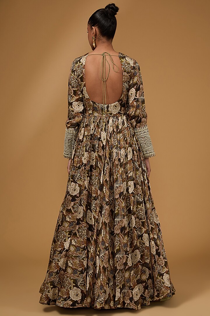 Earthy Brown Twill Organza Printed Bridal Anarkali Set by Bhumika Sharma at Pernia's Pop Up Shop