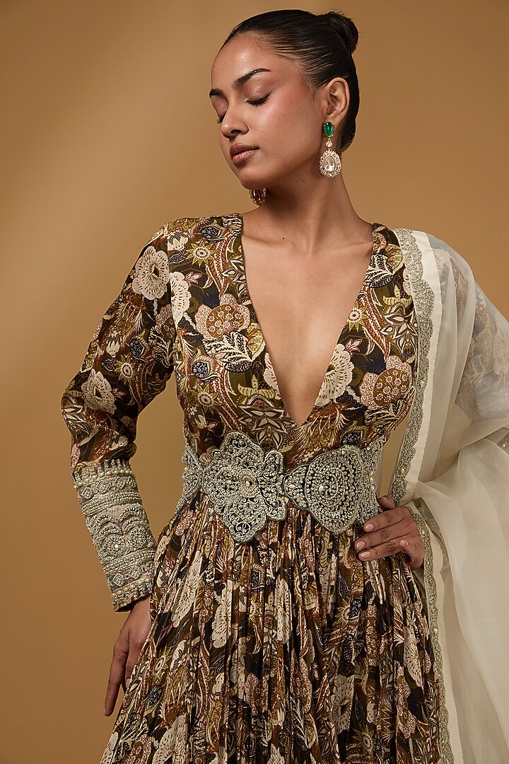 Earthy Brown Twill Organza Printed Bridal Anarkali Set by Bhumika Sharma at Pernia's Pop Up Shop