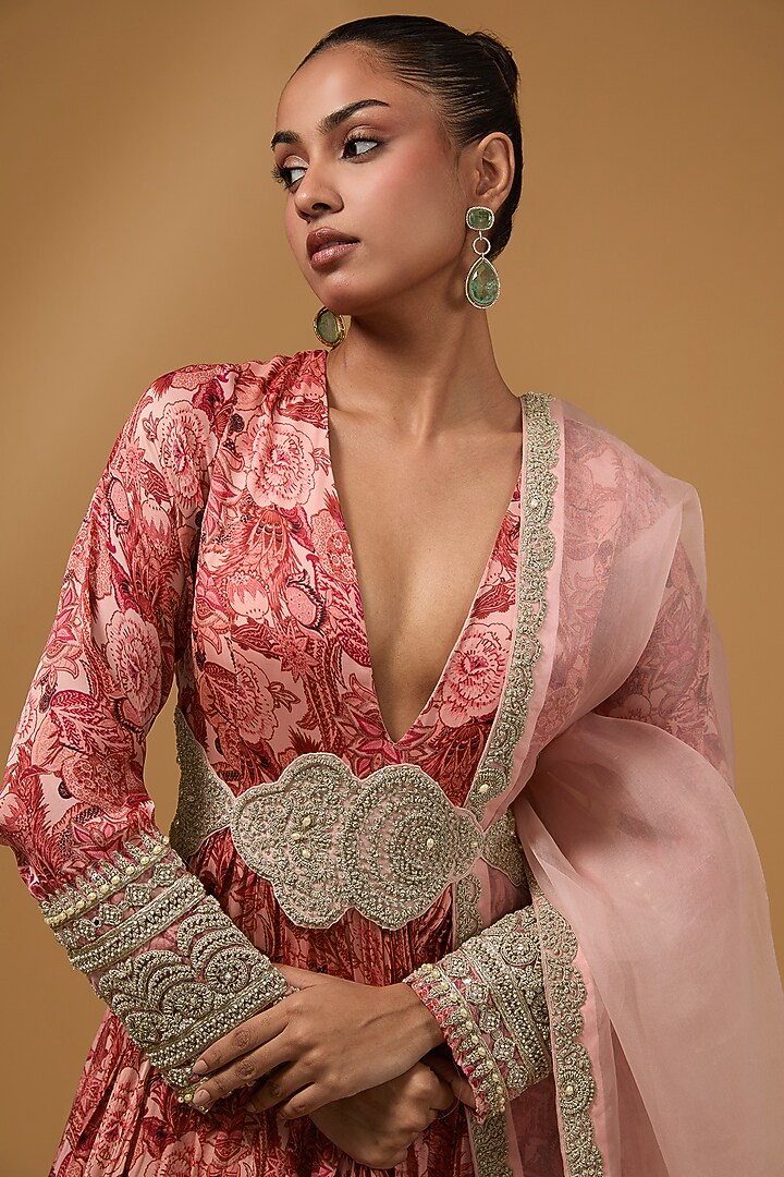 Pink Twill Organza Printed Bridal Anarkali Set by Bhumika Sharma at Pernia's Pop Up Shop