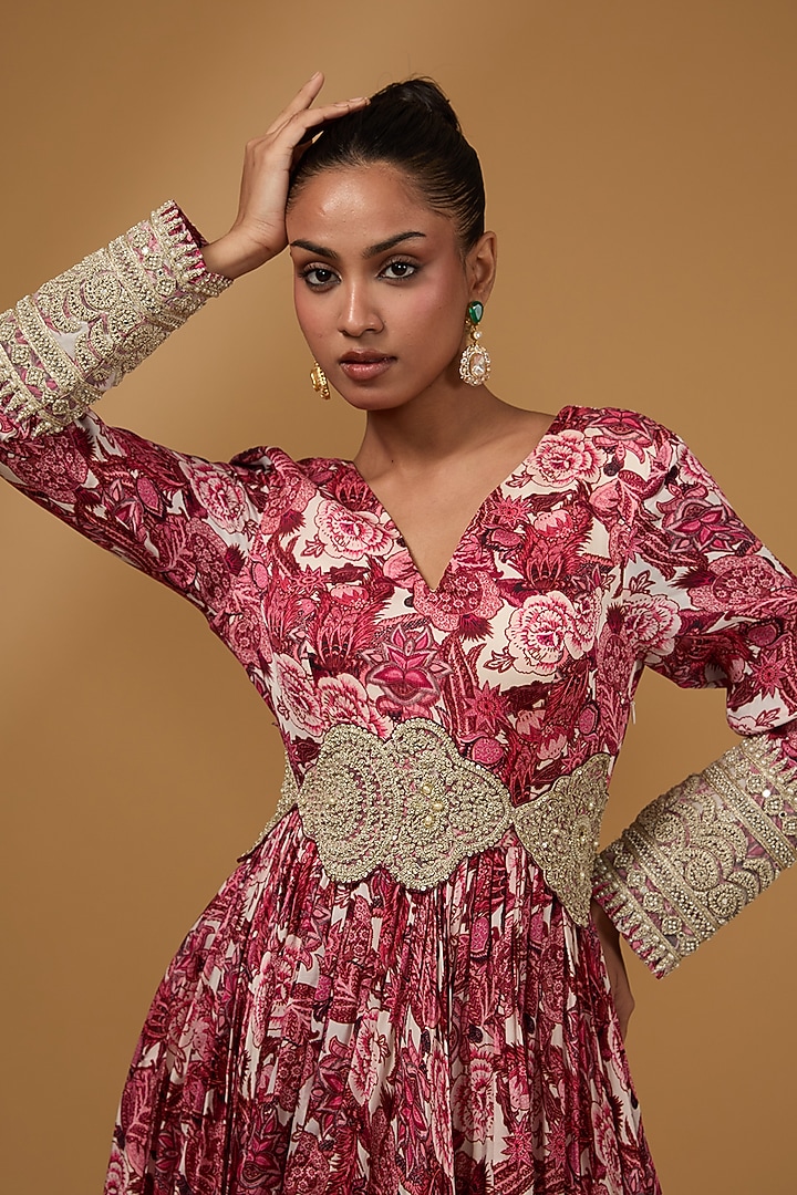 Wine Twill Organza Printed Bridal Anarkali Set by Bhumika Sharma at Pernia's Pop Up Shop