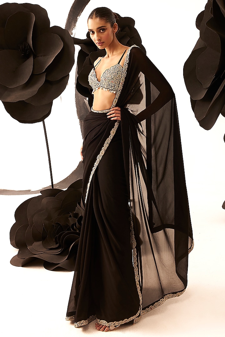 Black Georgette & Net Embroidered Saree Set by Bhumika Sharma