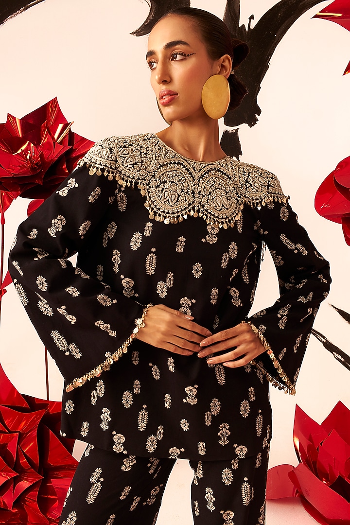 Black Georgette Embroidered & Printed Tunic Set by Bhumika Sharma at Pernia's Pop Up Shop