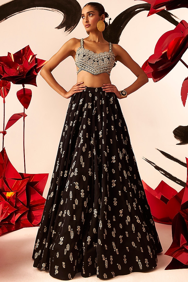 Black Twill Organza & Net Printed Skirt Set by Bhumika Sharma