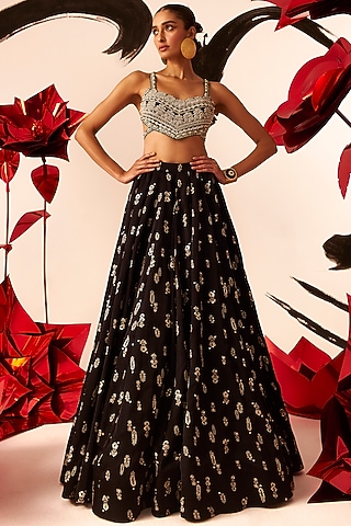 Black Twill Organza & Net Floral Printed Skirt Set by Bhumika Sharma